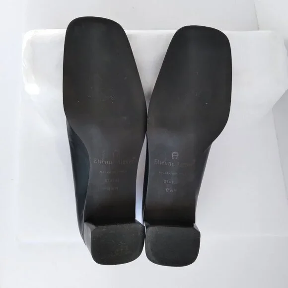 Stylish 90's Navy Leather 'Status' Slip On Square Toe Block Heel Shoes Sz 8.5 - Picture 7 of 10